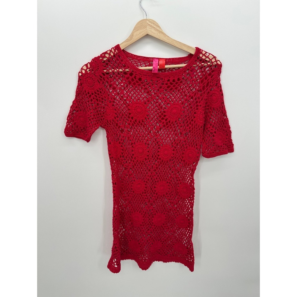 Red Crochet Knit Festival Top Womens M Boho Festival Cottagecore Beach Coverup